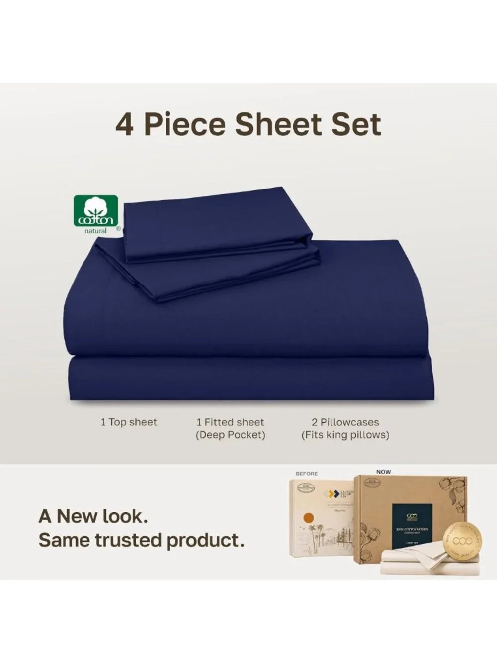 Luxurious 100% Cotton Sateen King Size Deep Pocket Sheets Set - Navy Blue